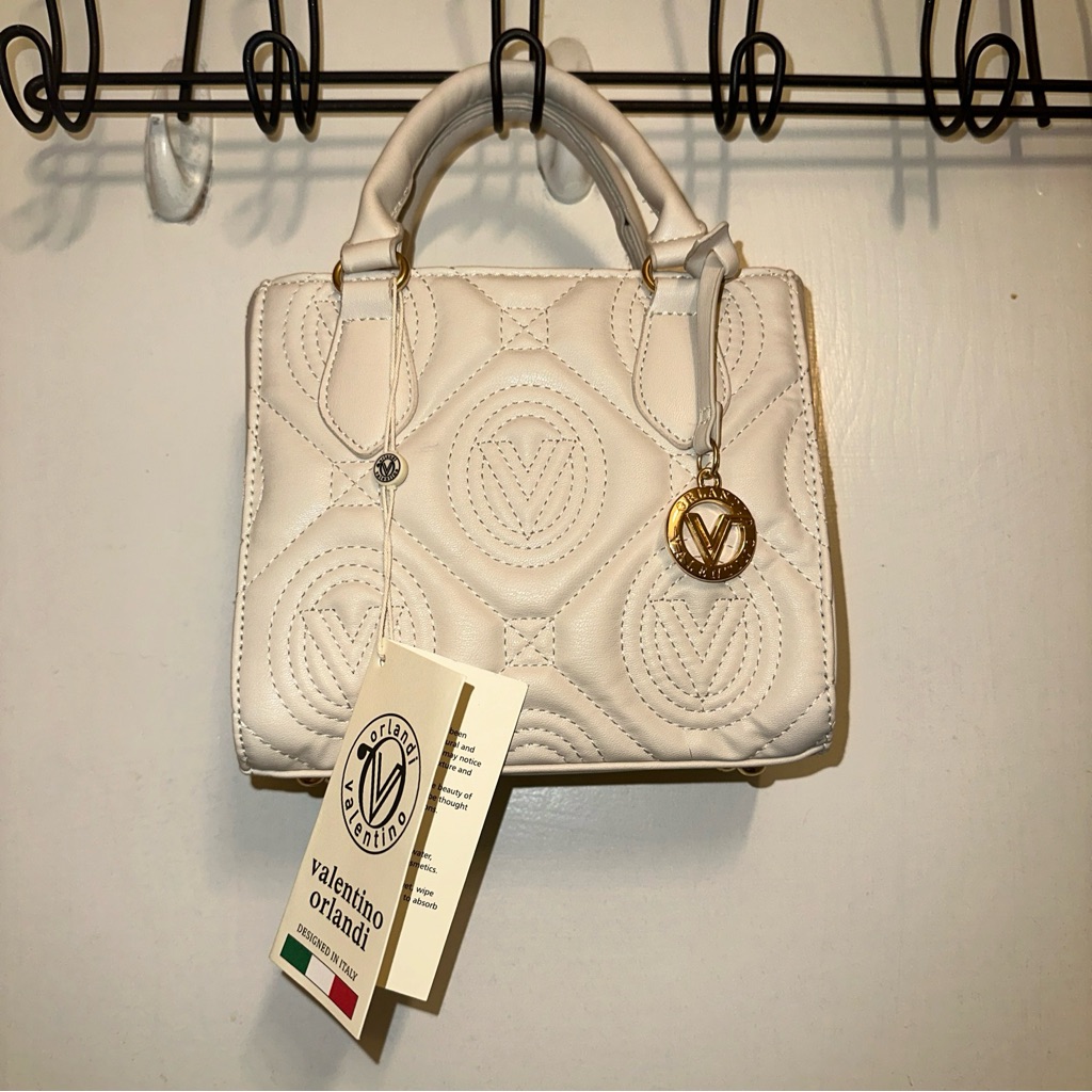 Nwt Bone Beige Valentino Orlandi Top Handle V Logo Quilted Tote Bag